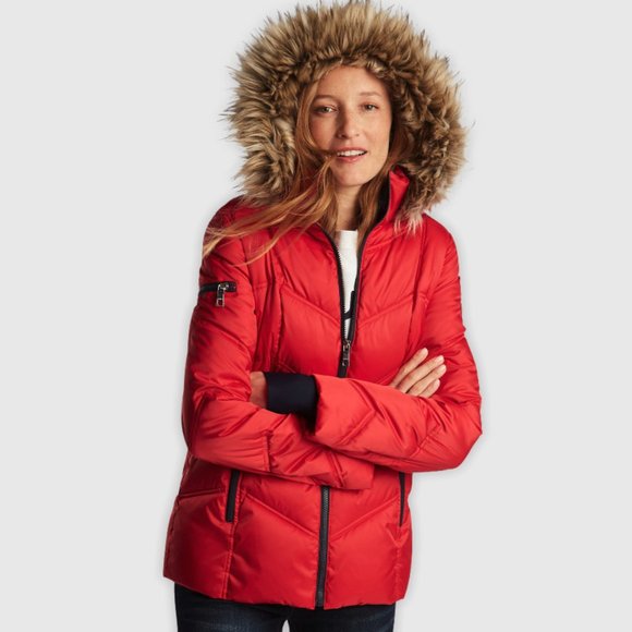 nautica faux fur hooded quilted jacket